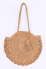 Circle Straw Summer Tote Bag - Khaki