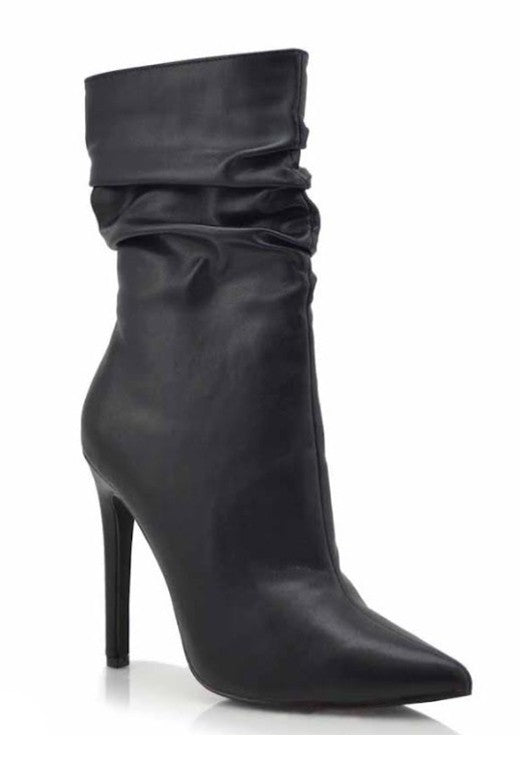 Ava Faux Leather Ruched High Heel Booties - Black