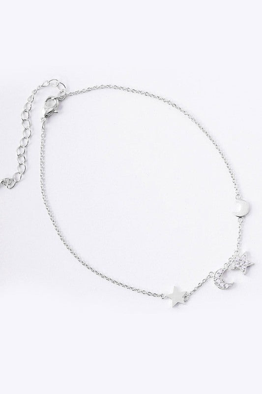 Dia Embellished Metal Star Moon Anklet - Silver