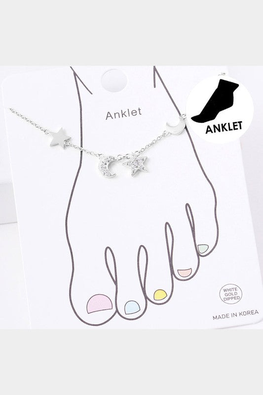 Dia Embellished Metal Star Moon Anklet - Silver