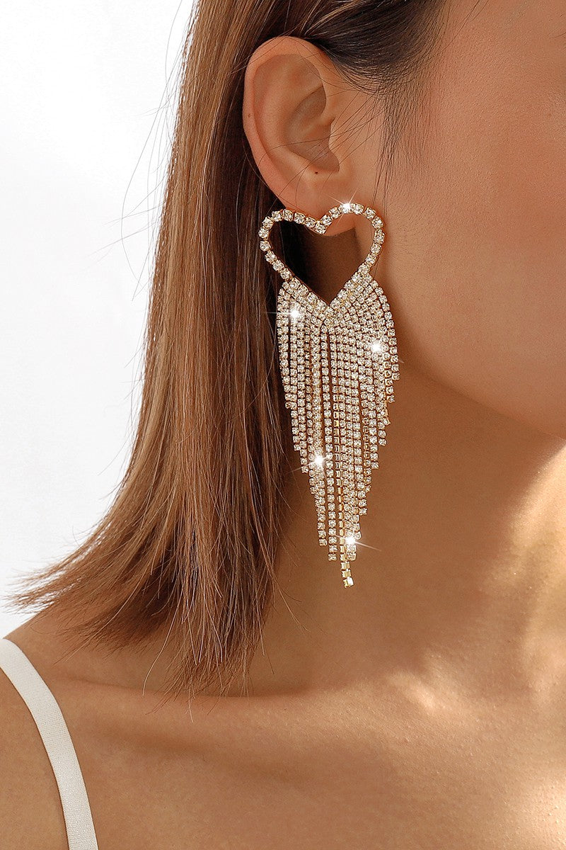 Crystal Heart Long Tassel Dangle Earrings