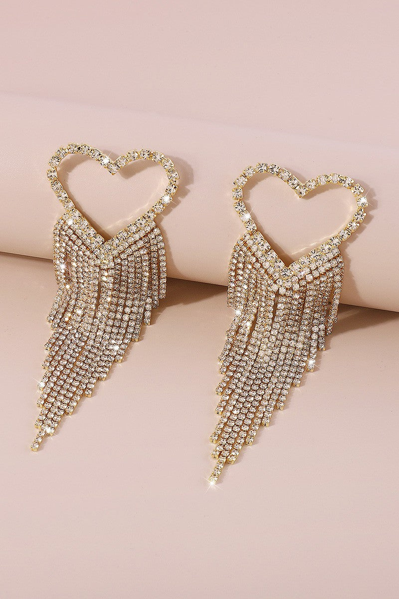 Crystal Heart Long Tassel Dangle Earrings