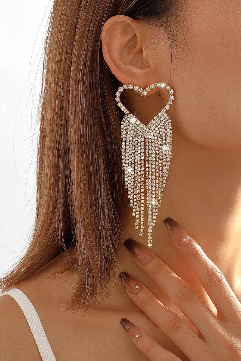 Crystal Heart Long Tassel Dangle Earrings