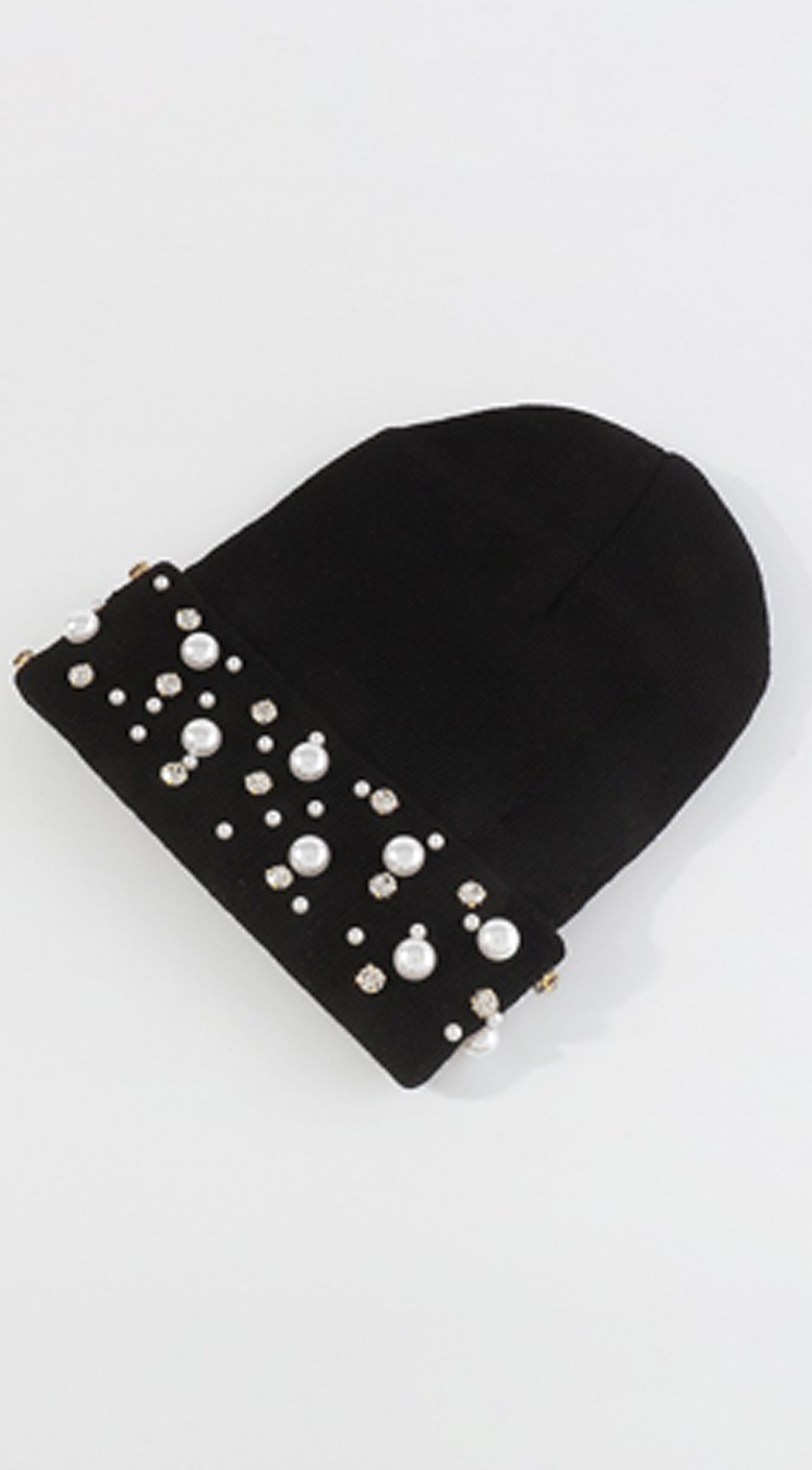 Emma Rhinestone Pearls Knitted Beanie Hat - Black