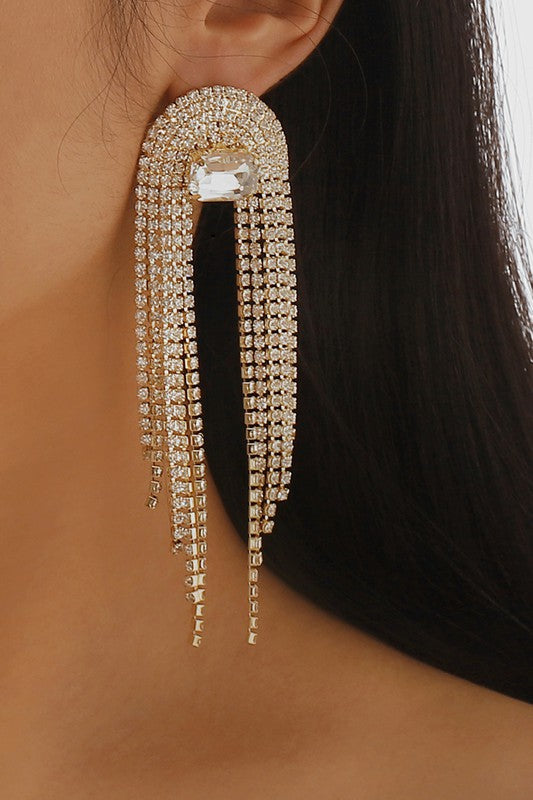 Glamour Rhinestone Cascade Earrings - Gold