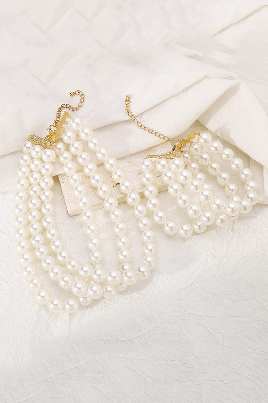 Opulent Layers Pearl Choker Necklace & Bracelet Set - White