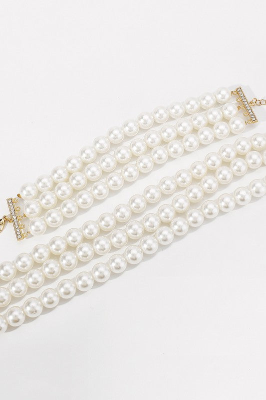 Opulent Layers Pearl Choker Necklace & Bracelet Set - White