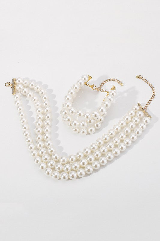 Opulent Layers Pearl Choker Necklace & Bracelet Set - White