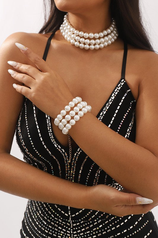 Opulent Layers Pearl Choker Necklace & Bracelet Set - White