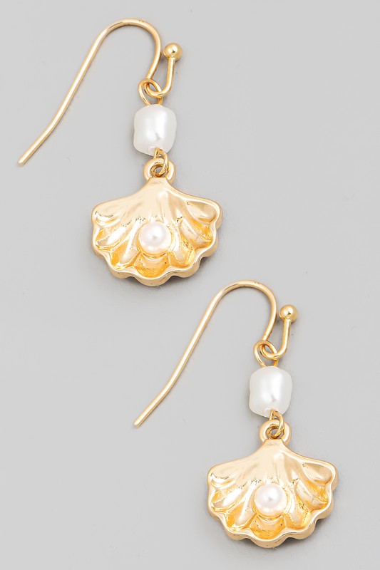 Clam & Pearl Dangle Hook Earrings - Gold