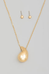 Large Water Drop Pendant Necklace & Earring Set - Gold