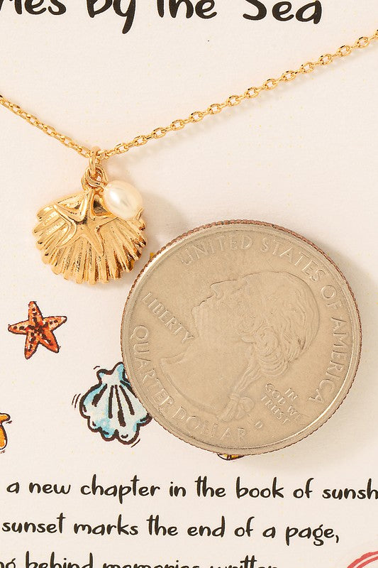 Gold Dipped Seashell & Pearl Charm Necklace - Gold