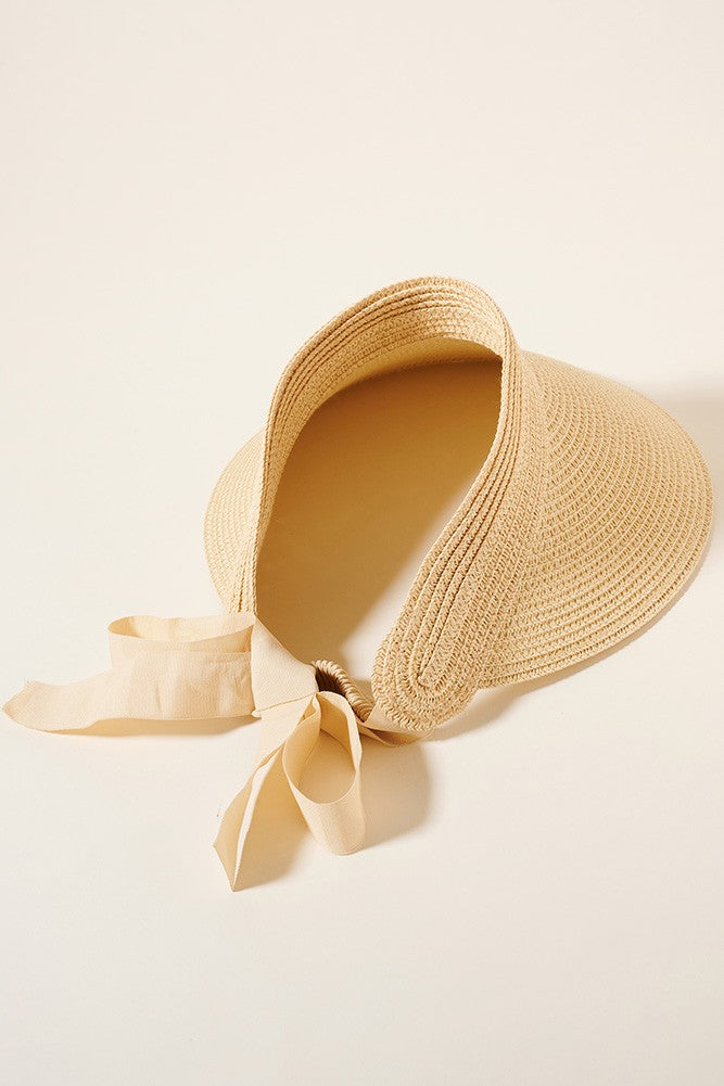 Seaside Straw Ribbon Visor Hat - Beige