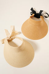 Seaside Straw Ribbon Visor Hat - Beige