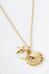 Gold Dipped Seashell & Pearl Charm Necklace - Gold