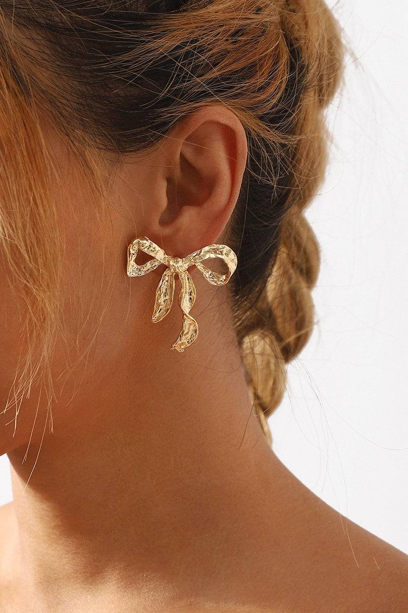 Metal Ribbon Bow Earrings - Gold