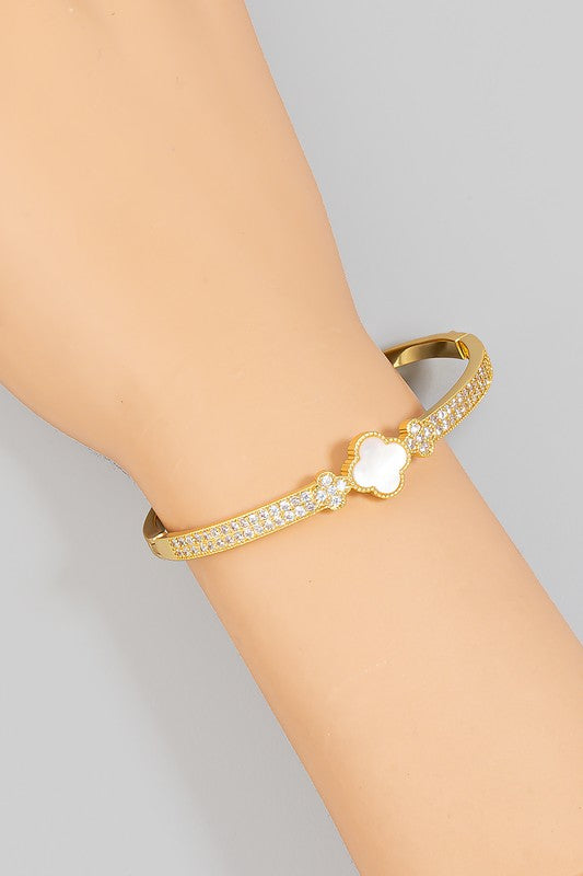 Imy Gold Plated Pearl Cubic Zirconia Clover Bangle Bracelet - Gold