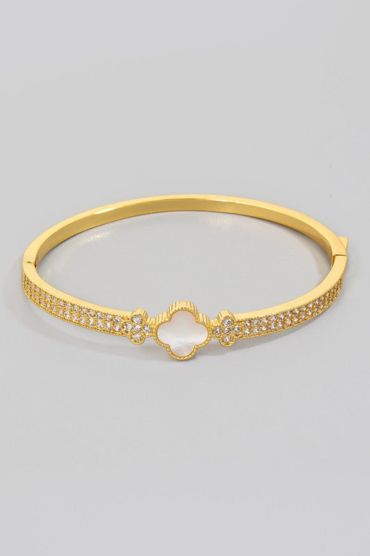 Imy Gold Plated Pearl Cubic Zirconia Clover Bangle Bracelet - Gold