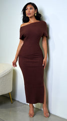 Lucretia One Shoulder Ribbed Midi Dress - Brown