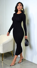 Alexandra Long Sleeve Knit Cable Midi Dress - Black