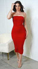 Avalon Ribbed Tube Midi Dress - Red