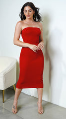 Avalon Ribbed Tube Midi Dress - Red