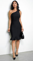 Venus Black Asymmetric Ruffle Bottom Bandage Dress