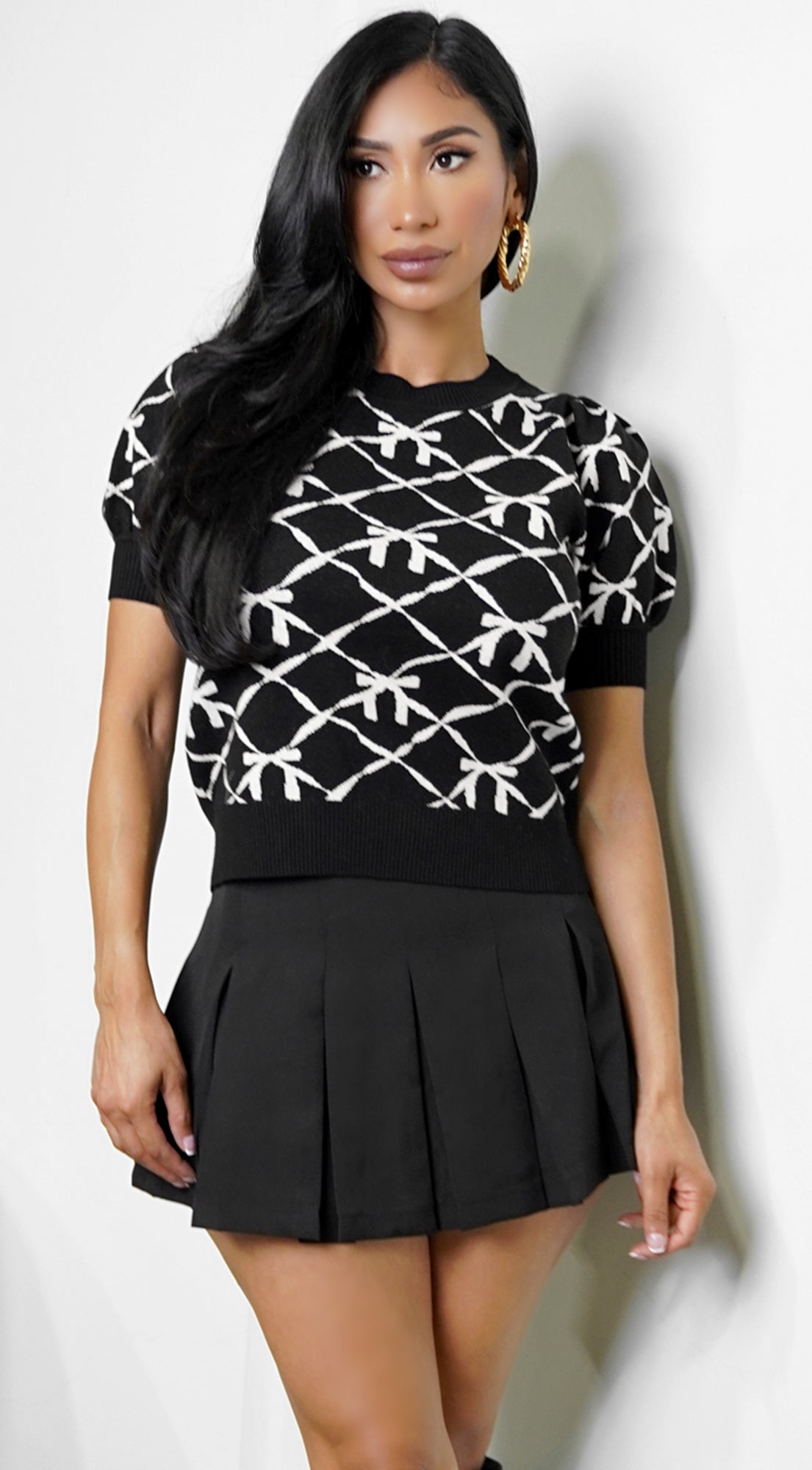 Jovelle Bow Pattern Sweater Top - Black