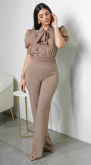 Seraphina Crochet Flower Bow Jumpsuit - Mocha