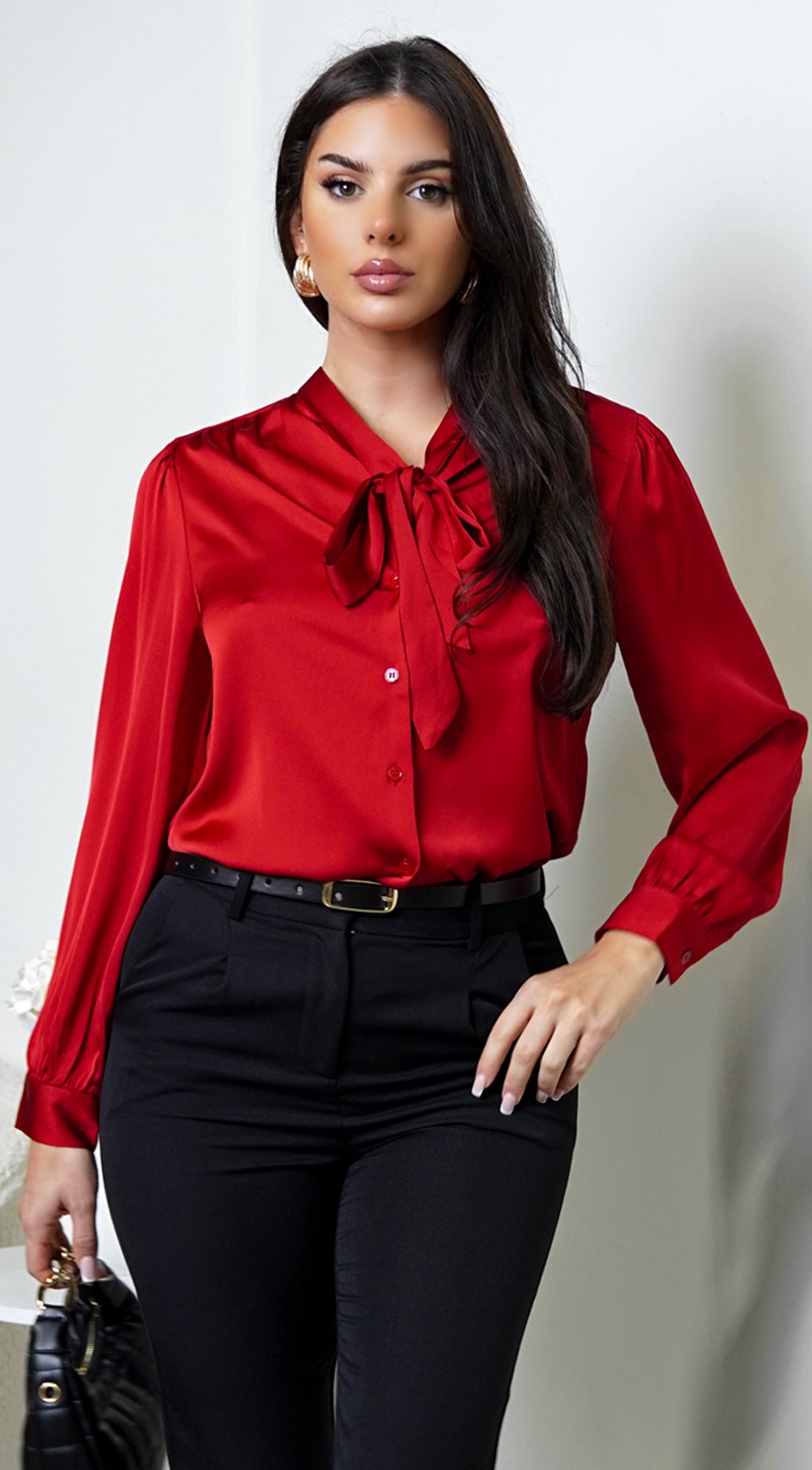 Mariah Neck Tie Satin Button Down Shirring Blouse - Red