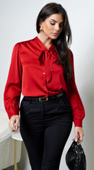 Mariah Neck Tie Satin Button Down Shirring Blouse - Red