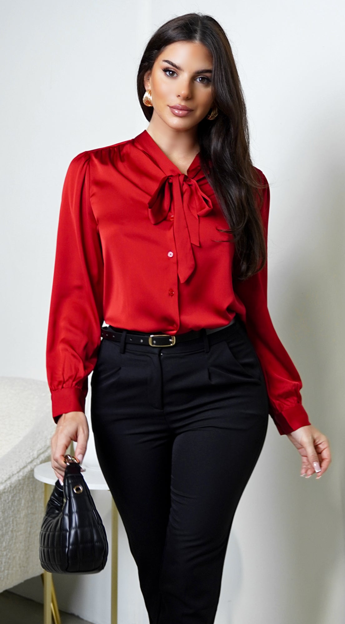 Mariah Neck Tie Satin Button Down Shirring Blouse - Red