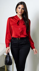 Mariah Neck Tie Satin Button Down Shirring Blouse - Red