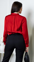 Mariah Neck Tie Satin Button Down Shirring Blouse - Red