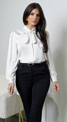 Mariah Neck Tie Satin Button Down Shirring Blouse - Off White