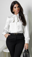 Mariah Neck Tie Satin Button Down Shirring Blouse - Off White