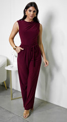 Shera Mock Neck Sleeveless Wide Leg Jumpsuit - Burgundy