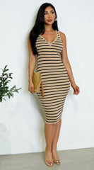 Milana Striped Sleeveless Henley Midi Dress - Beige