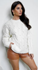 Leli Pearl Cable Detail Sweater Top - Cream