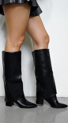 Rivanna Block Heel Pointed Toe Foldover Boots - Black