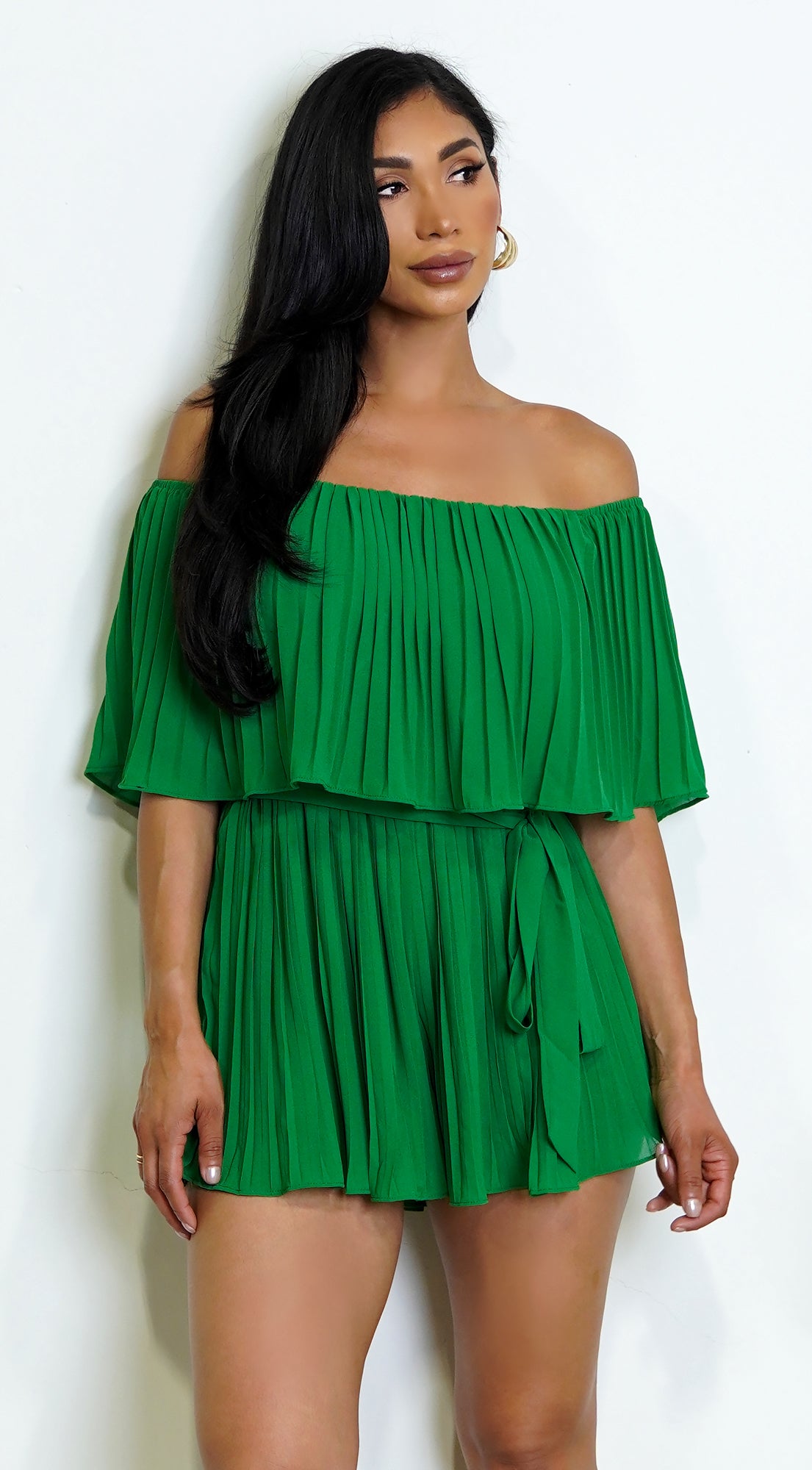 Jazmin Off Shoulder Pleated Romper - Green