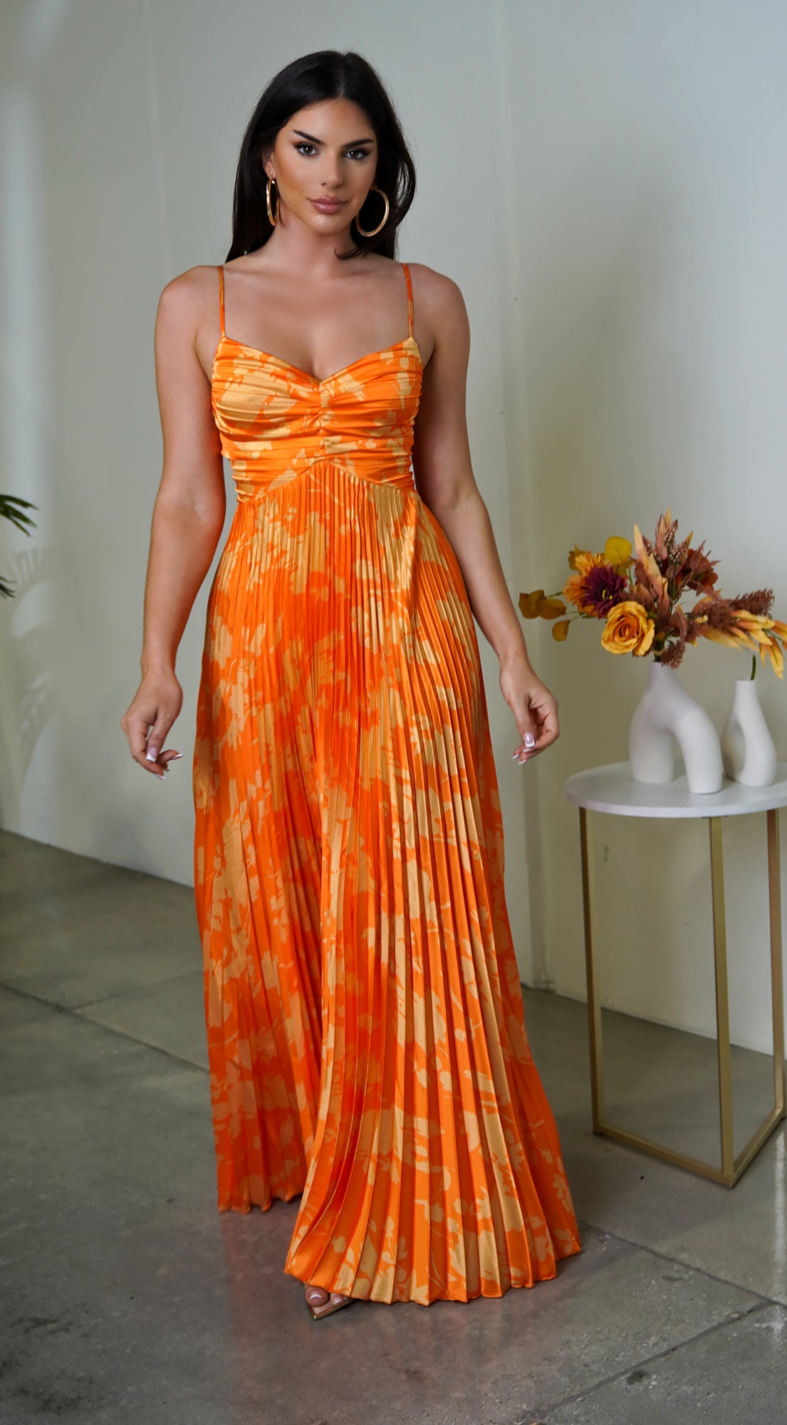 Orange pleated maxi dress best sale