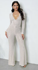 Elektra V Neck Pearl Sequin Jumpsuit - Cream