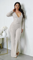 Elektra V Neck Pearl Sequin Jumpsuit - Cream