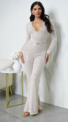 Elektra V Neck Pearl Sequin Jumpsuit - Cream