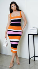 Mari Stripe Multi Color Midi Dress - Orange