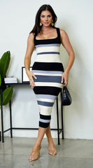 Mari Stripe Multi Color Midi Dress - Black