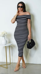 Trista Off Shoulder Striped Midi Dress - Black