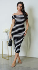 Trista Off Shoulder Striped Midi Dress - Black