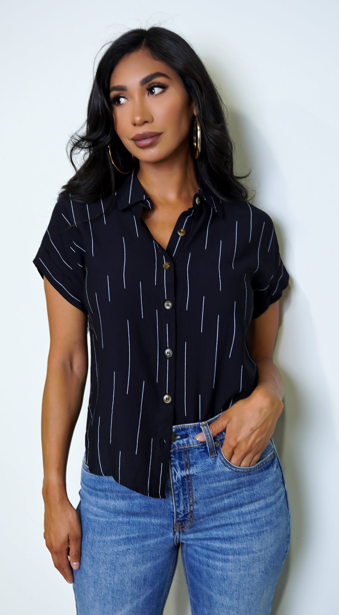 Tia Line Print Button Down Shirt - Black